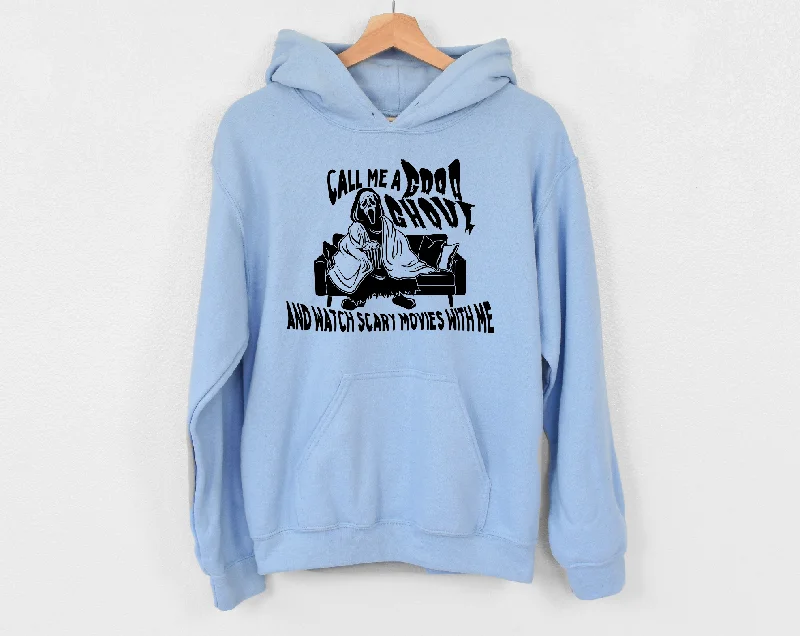 Thick graphic hoodie black -call me a good ghoul and watch scary movies with me hoodie (black)