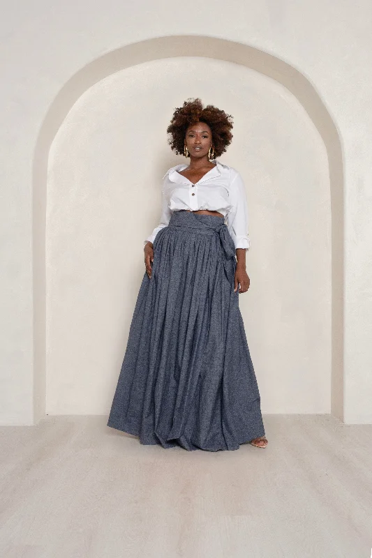 embossed skirts -Chambray High Waist Belted Maxi Skirt- JIBRI