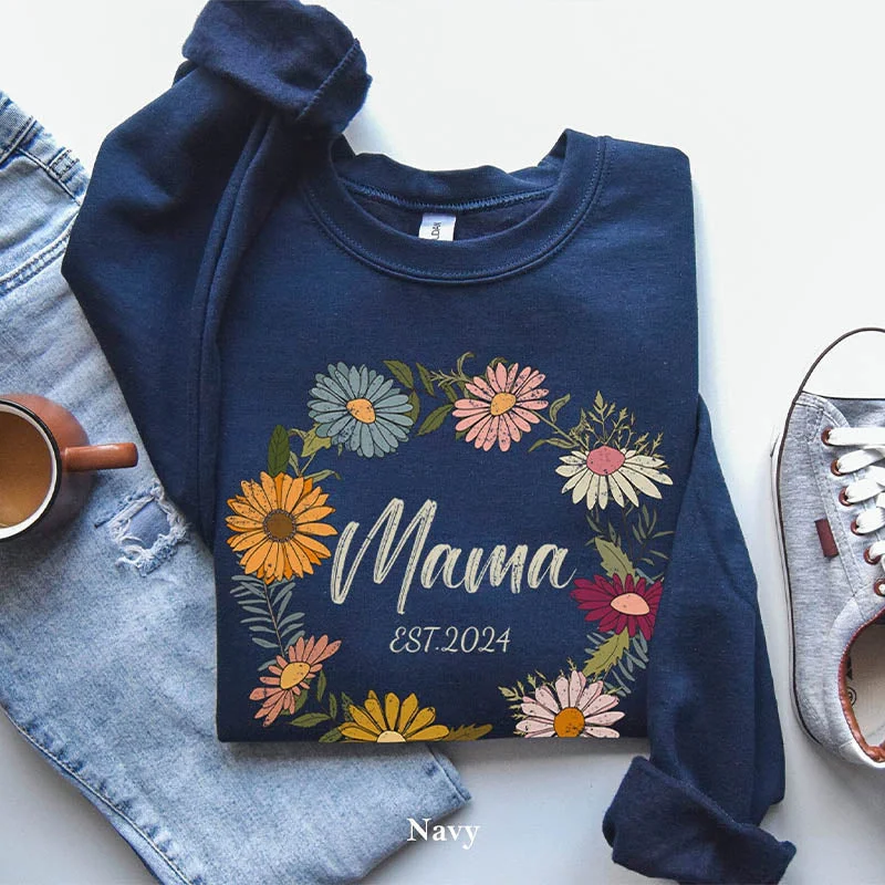 Lightweight crewneck sweatshirts navy -Personalized Flower Print Mama Sweatshirt