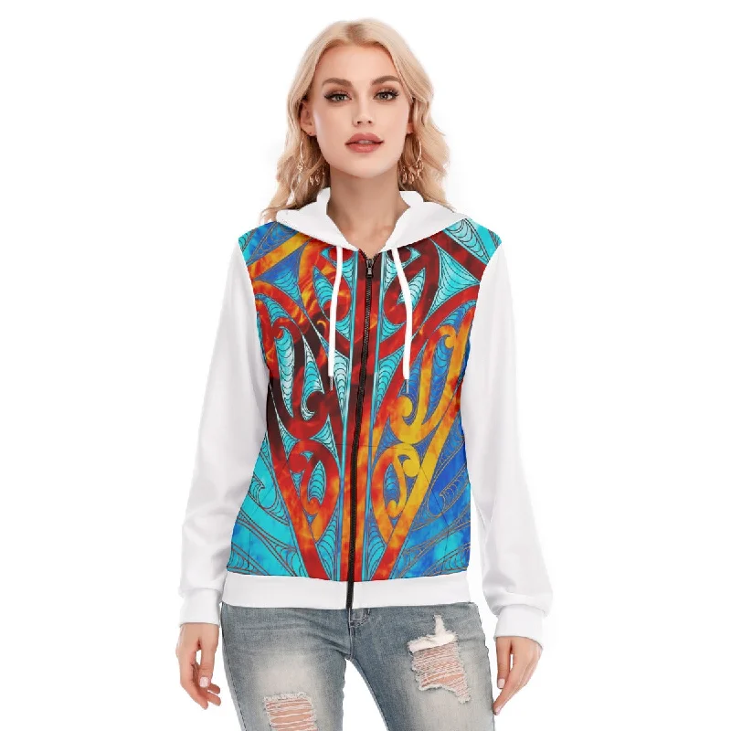 Retro fleece hoodie white -All-Over Print Women's Hoodie With Zipper