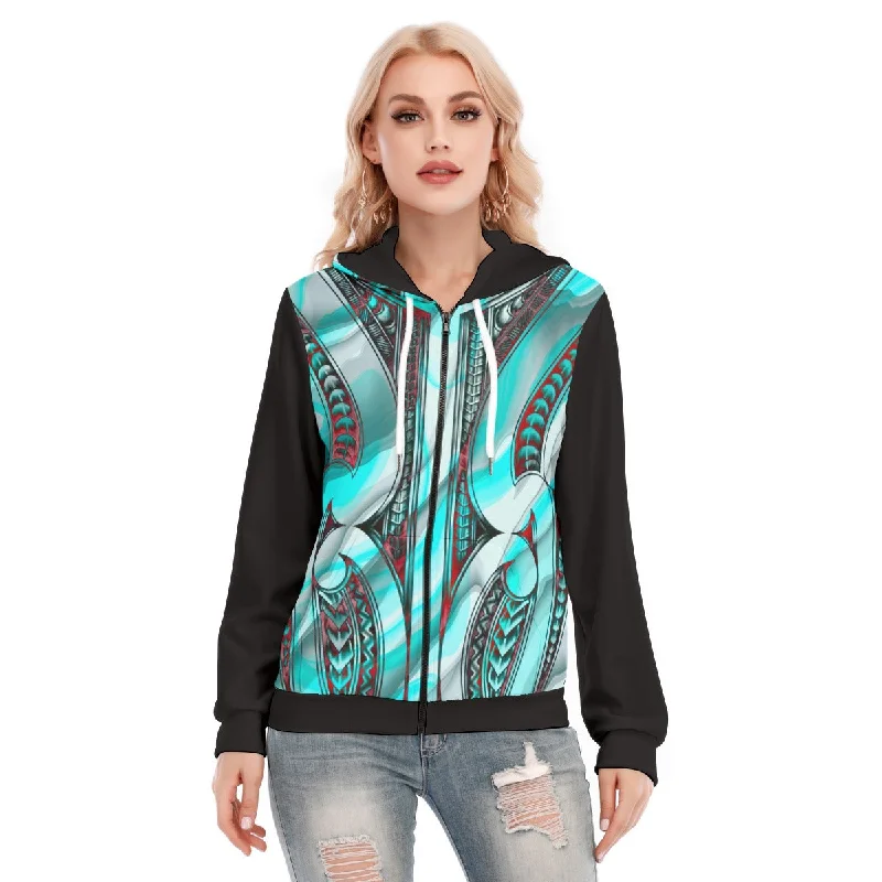 Embroidered fleece hoodie green -All-Over Print Women's Hoodie With Zipper