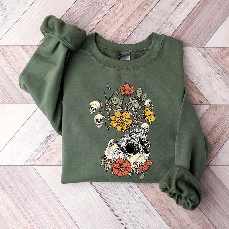 Thick fleece sweatshirts white -Floral Skeleton Plant Body Sweatshirt