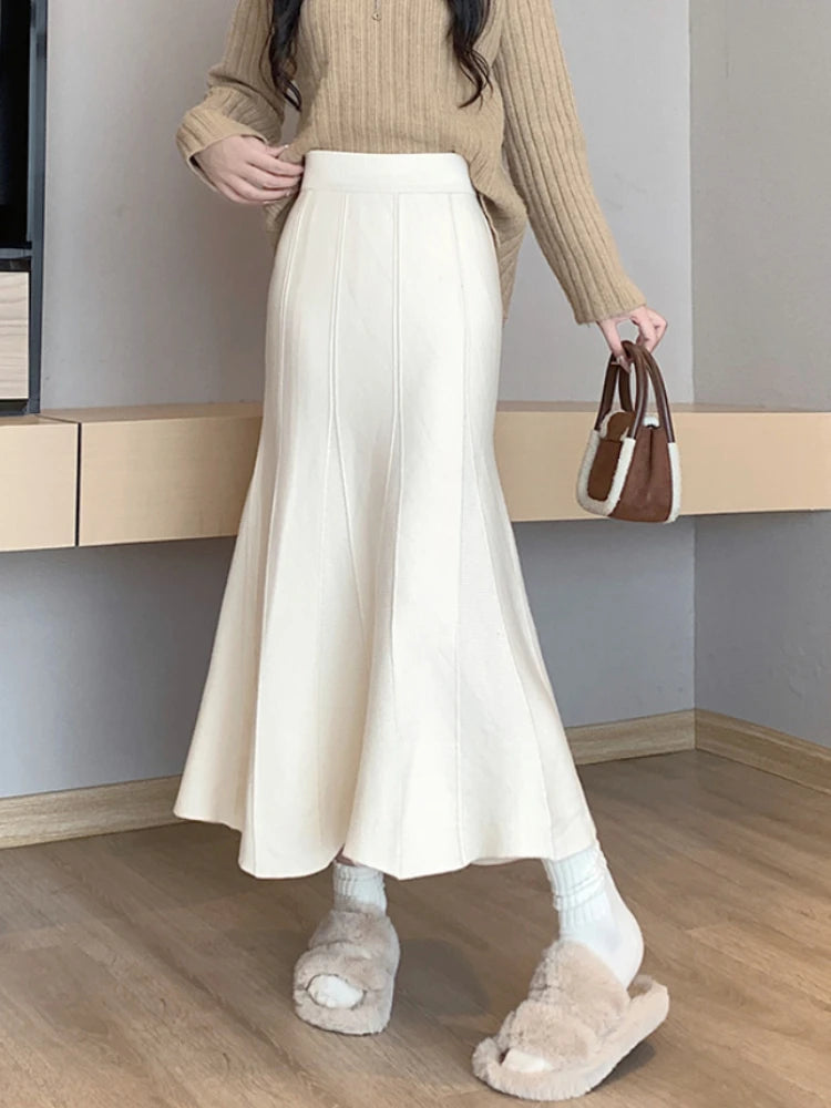 pilot skirts aviation -Autumn Winter Knitted Long Korean Fashion Temperament Elegant High Waist Solid Slim Black Fishtail Skirt