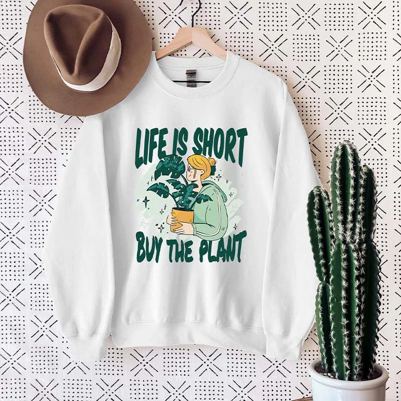 Embroidered pullover sweatshirts navy -Life Is Short Buy The Plant Sweatshirt