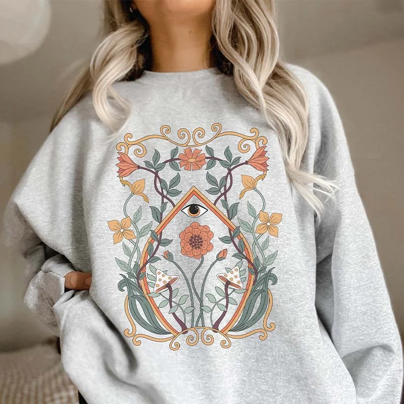 Retro cotton sweatshirts red -Boho Flowers Art Nouveau Print Botanical Sweatshirt