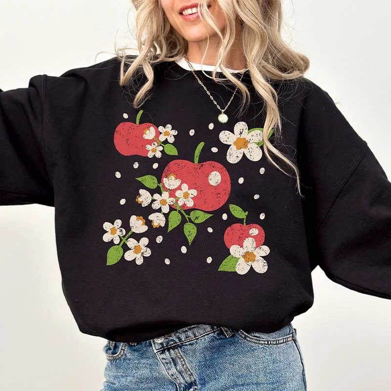 Long crewneck sweatshirts pink -Retro Apple And Flowers Sweatshirt