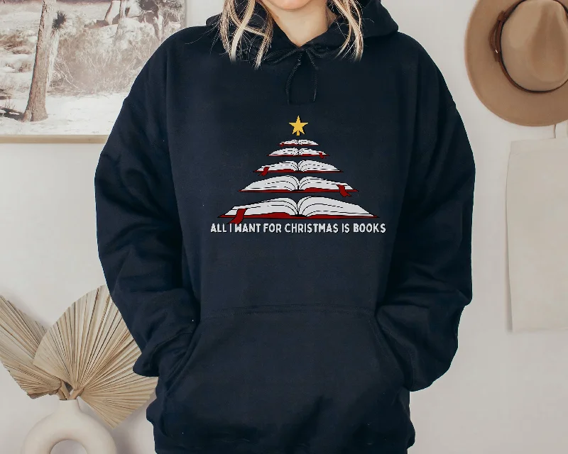 Striped pullover hoodie navy -all i want for christmas is books hoodie