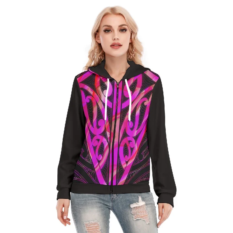 Embroidered cotton hoodie pink -All-Over Print Women's Hoodie With Zipper