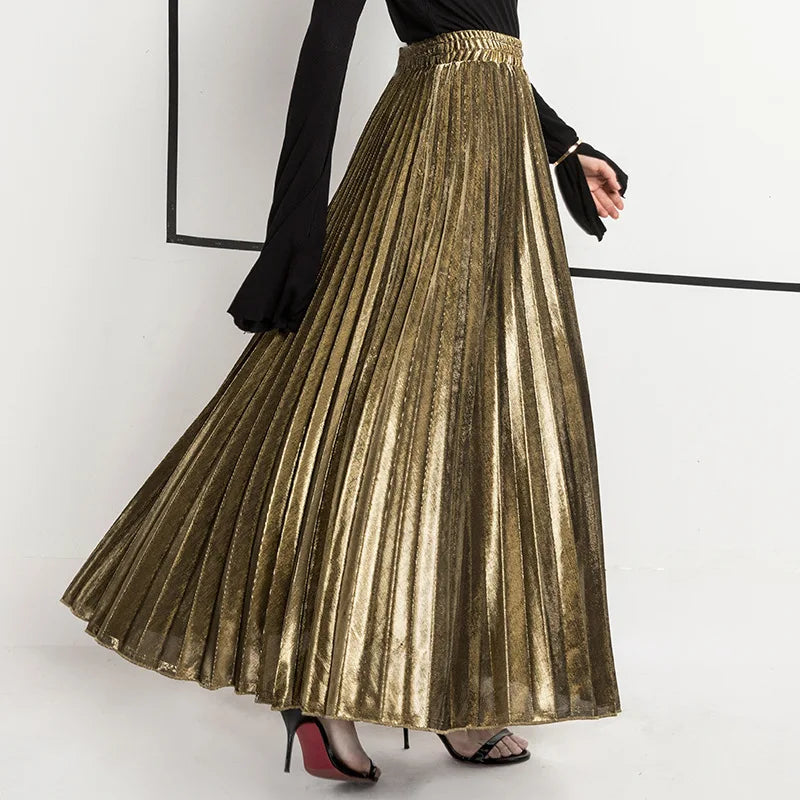 craft fair skirts -Check Pleated Maxi High Waist Large Swing Gold Long Skirt