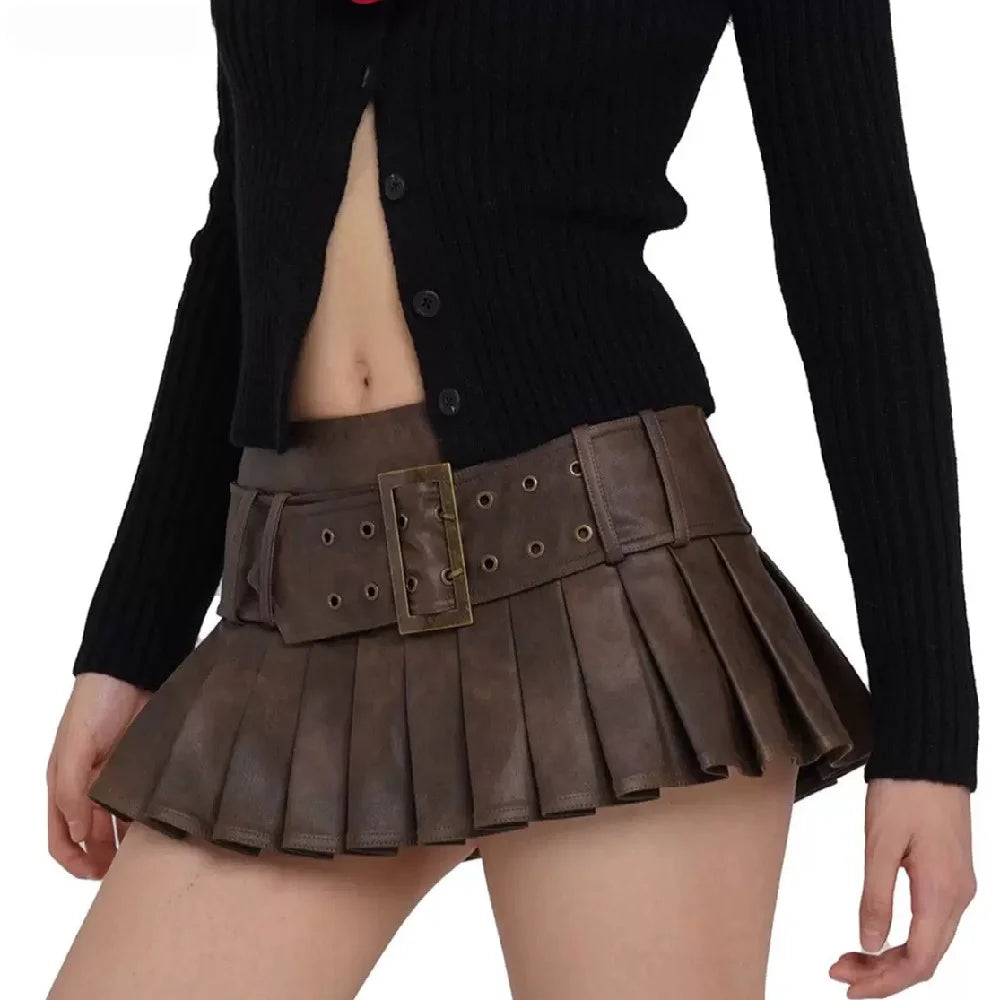 music fest skirts -Retro Buckle Belt Low Waist Sexy Leather Pleated Mini Skirt