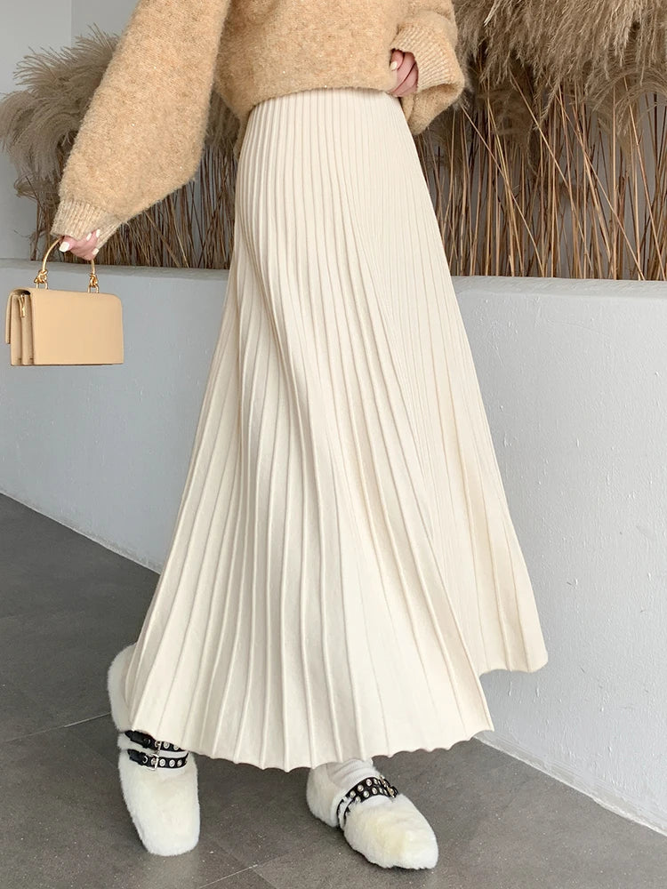 coder skirts tech -Knitted Long Maxi Casual Solid Thick Warm A-Line High Waist Ankle Length Skirt