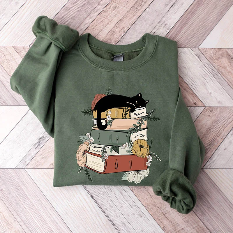 Thick graphic sweatshirts red -Cat Book Reading Lover Sweatshirt