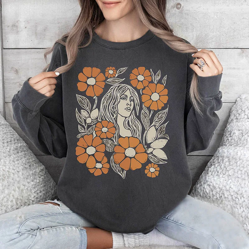 Long pullover sweatshirts beige -Unisex Wildflower Print Sweatshirt