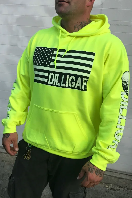 Embroidered fleece hoodie navy -Support and Defend the USA SAFETY GREEN Dilligaf Pullover Hoodie