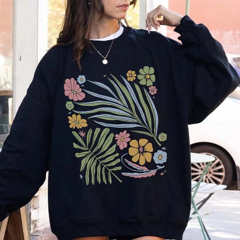 Retro pullover sweatshirts red -Wildflower Minimalist Boho Leaves Sweatshirt