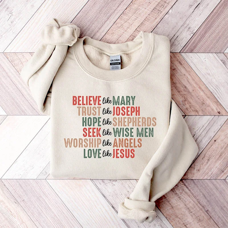 Plain fleece sweatshirts blue -Believe Like Mary Christian Sweatshirt