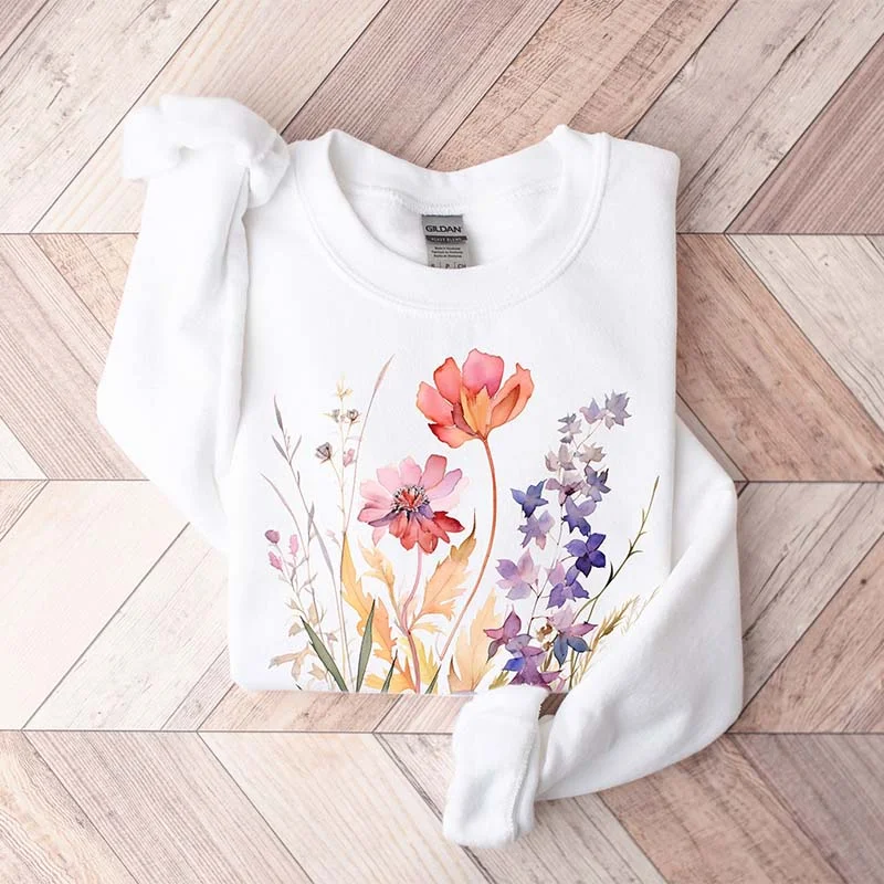 Bold pullover sweatshirts blue -Boho Watercolor Pressed Flowers Sweatshirt