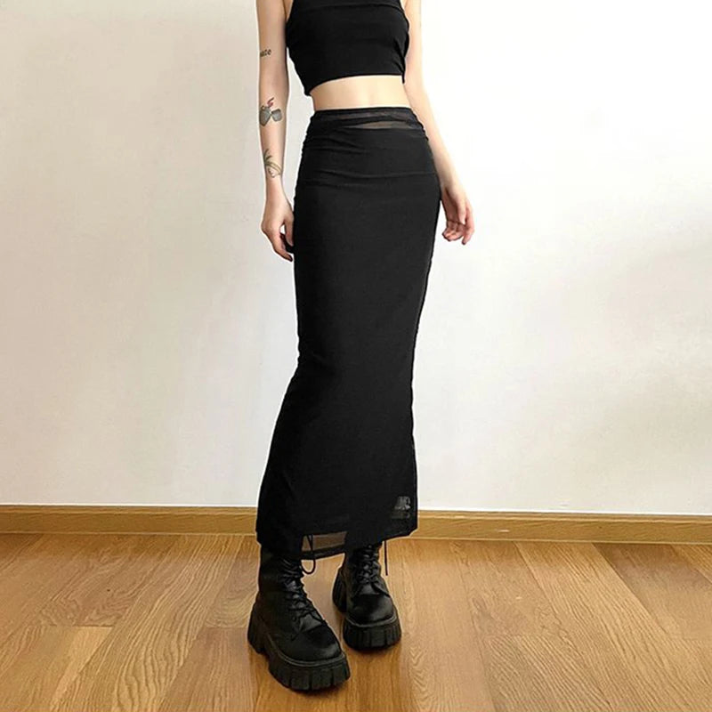 RV life skirts -Y2K Black Long Harajuku Sexy Mesh Patchwork Wrap Summer Gothic Korean High Waist Slim A-Line Skirt