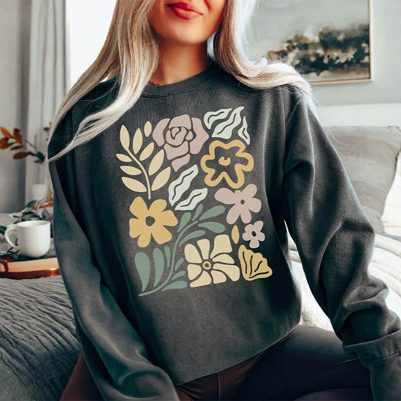 Long crewneck sweatshirts blue -Retro Wavy Flowers Sweatshirt