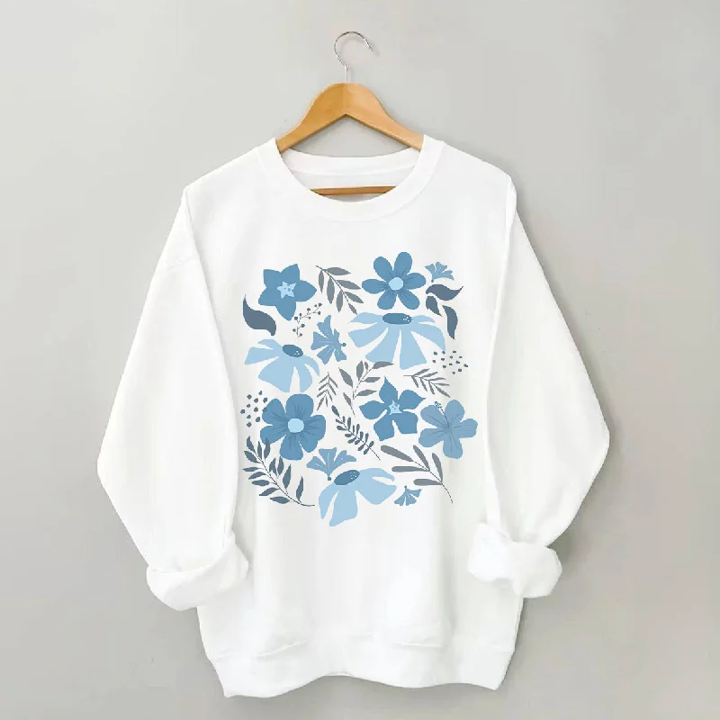 Retro crewneck sweatshirts red -Blue Flower Market Botanical Sweatshirt