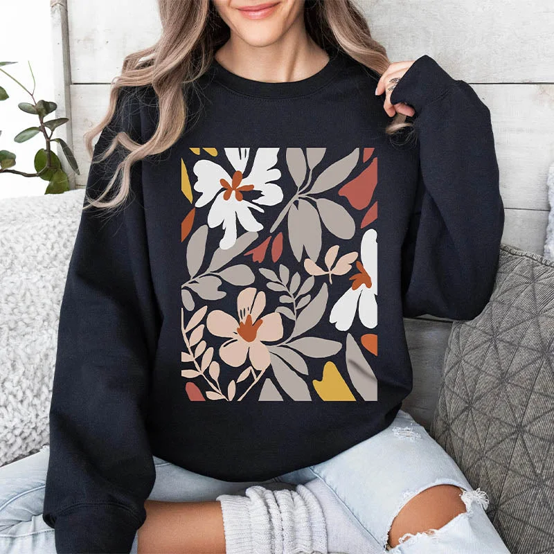 Long sweatshirts grey -Boho Flower Print Sweatshirt