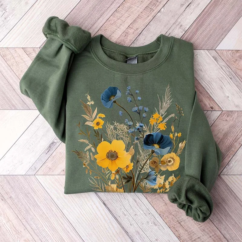 Athletic fleece sweatshirts black -Blue Botanical Floral Flowers Sweatshirt