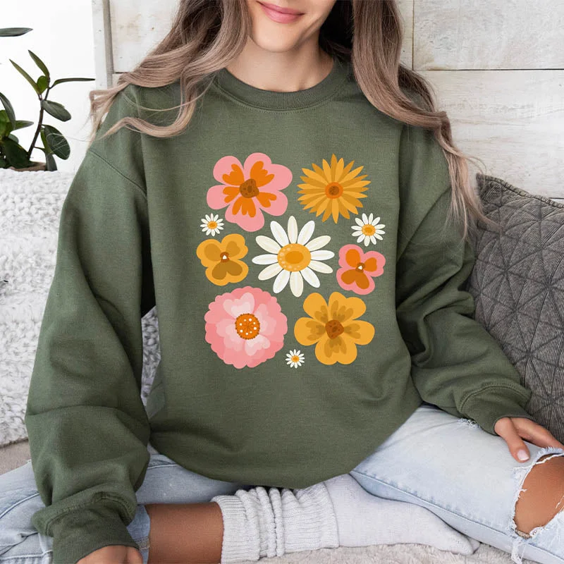 Embroidered cotton sweatshirts red -Botanical Floral Pressed Flowers Sweatshirt