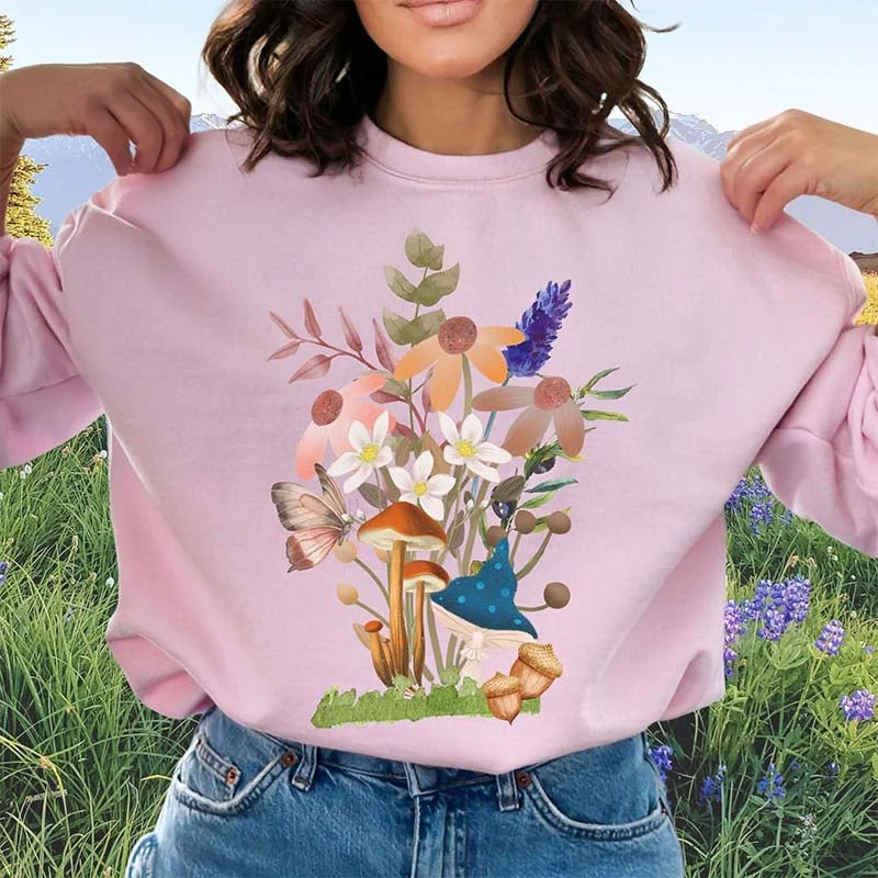 Long pullover sweatshirts white -Spring Mushrooms and Flowers Graphic Sweatshirt