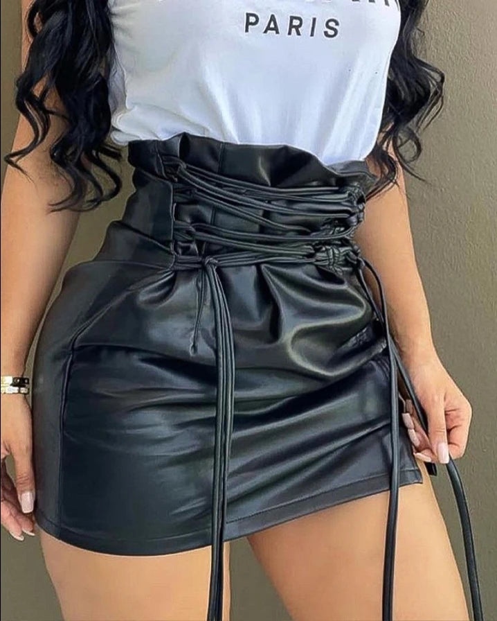 traveler skirts wander -Motorcycle Latest Fashion Urban Style Lace Up High Waist PU Leather Mini Skirt