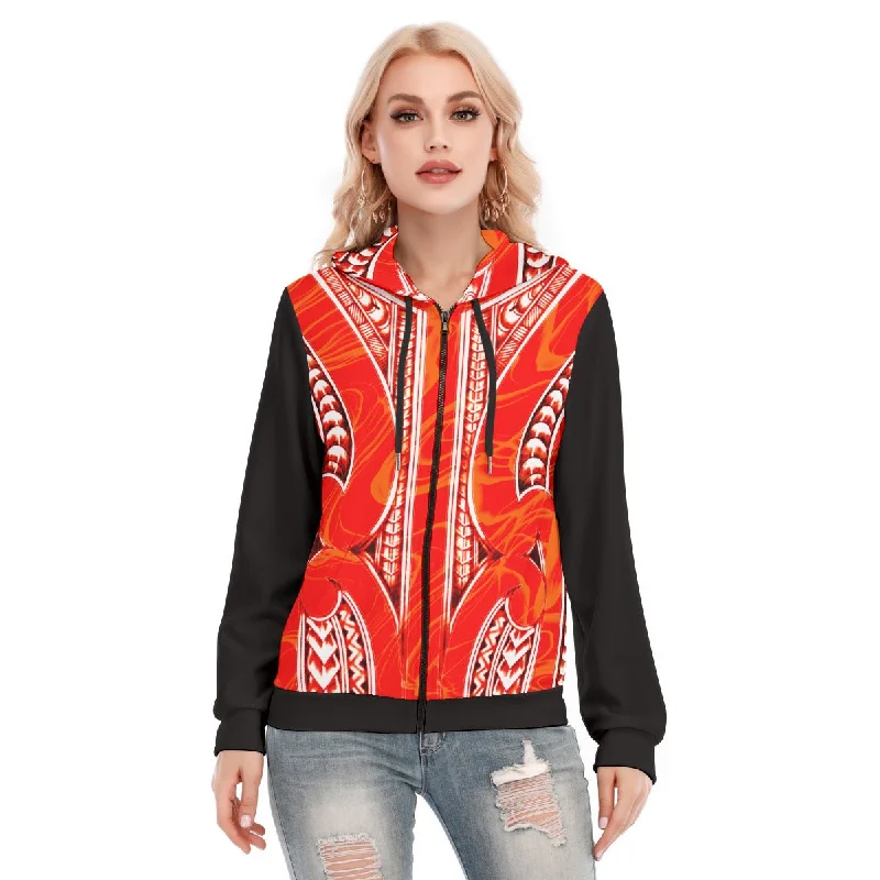 Striped pullover hoodie red -All-Over Print Women's Hoodie With Zipper