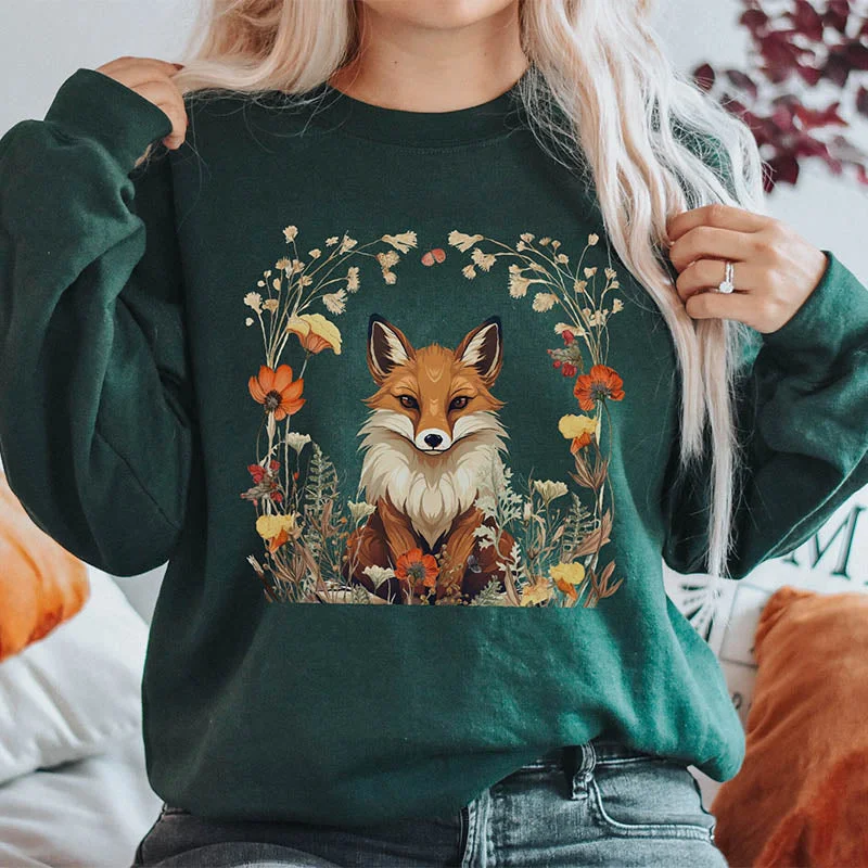 Thick graphic sweatshirts navy -Fox Witchy Floral Woodland Animal Sweatshirt