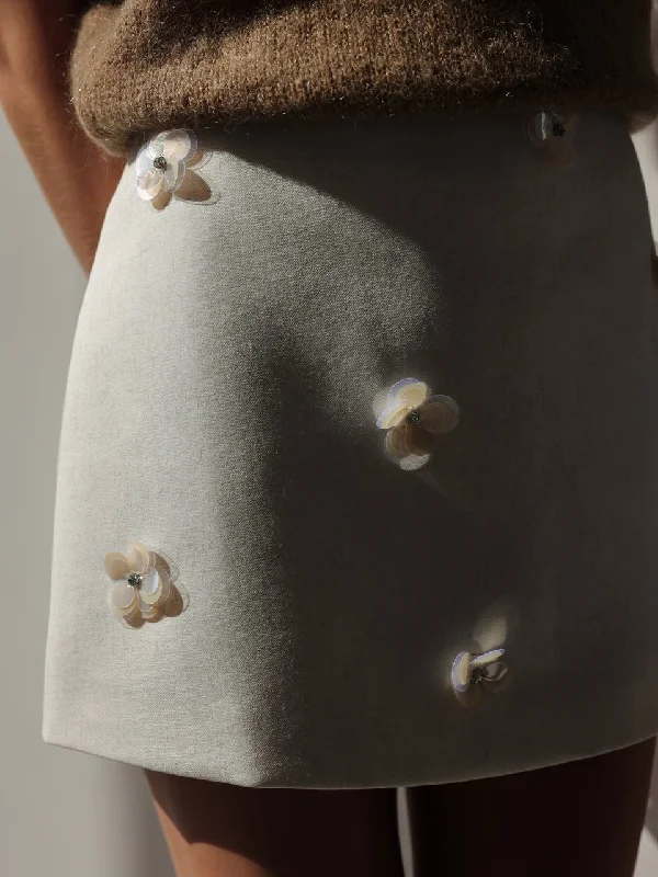 beach wedding skirts -Cream Mini Skirt with Mother-of-Pearl Flower Details