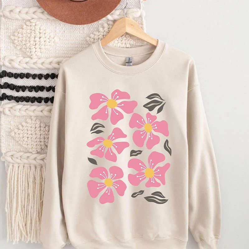 Patterned sweatshirts white -Oversized Wildflower Minimalist Woman Sweatshirt