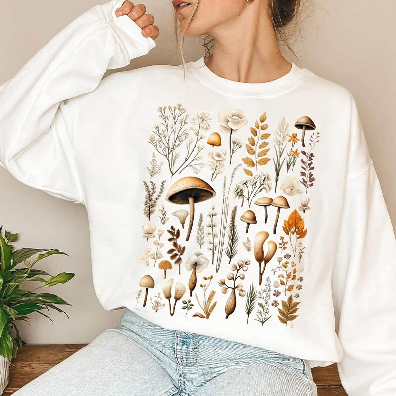 Oversized fleece sweatshirts grey -Mushroom Vintage plant Sweatshirt