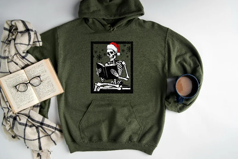 Embroidered fleece hoodie white -holiday reading skeleton hoodie