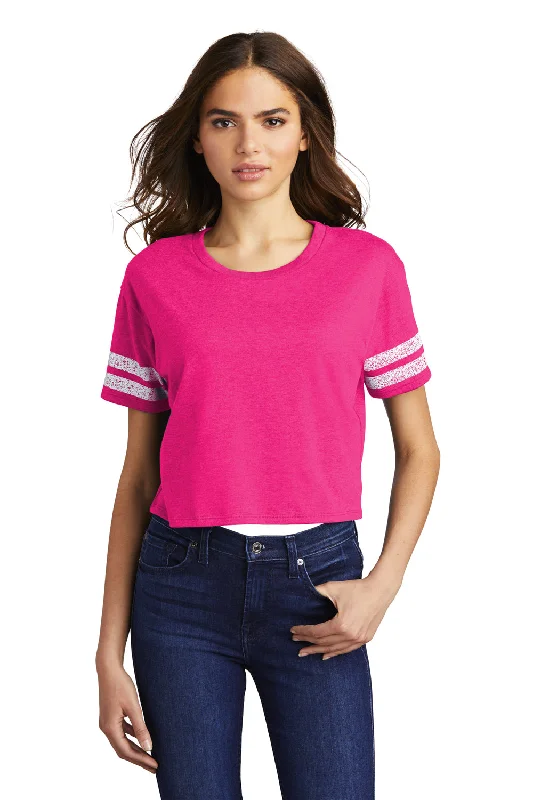 solid color t-shirts -District Womens Scorecard Crop Short Sleeve Crewneck T-Shirt - Heather Dark Fuchsia Pink/White - Closeout