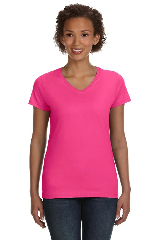 compression t-shirts -LAT Womens Fine Jersey Short Sleeve V-Neck T-Shirt - Hot Pink