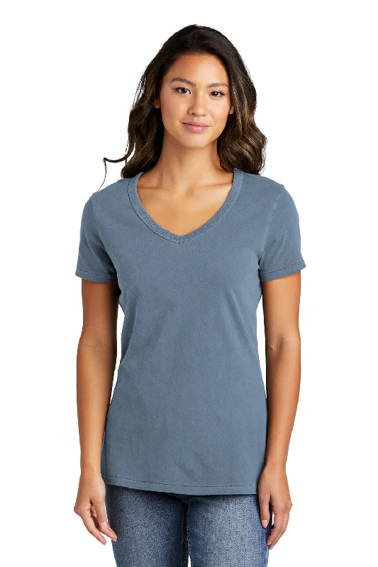 tiered t-shirts layered -Port & Company Womens Beach Wash Garment Dyed Short Sleeve V-Neck T-Shirt - Faded Denim Blue