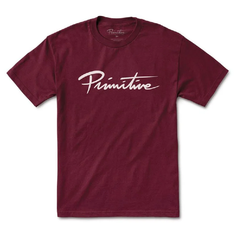 hand-painted t-shirts -Primitive Apparel Nuevo Script T-Shirt Burgundy