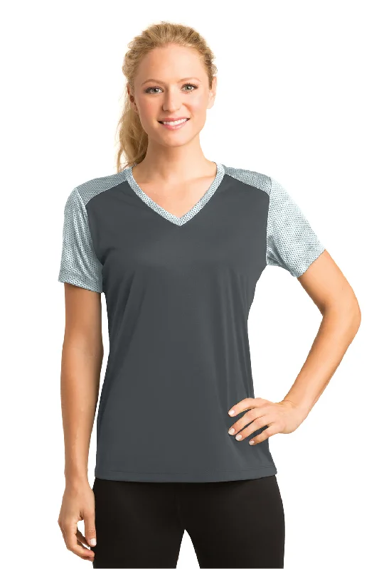 cropped t-shirts women -Sport-Tek Womens CamoHex Moisture Wicking Short Sleeve V-Neck T-Shirt - Iron Grey/White - Closeout