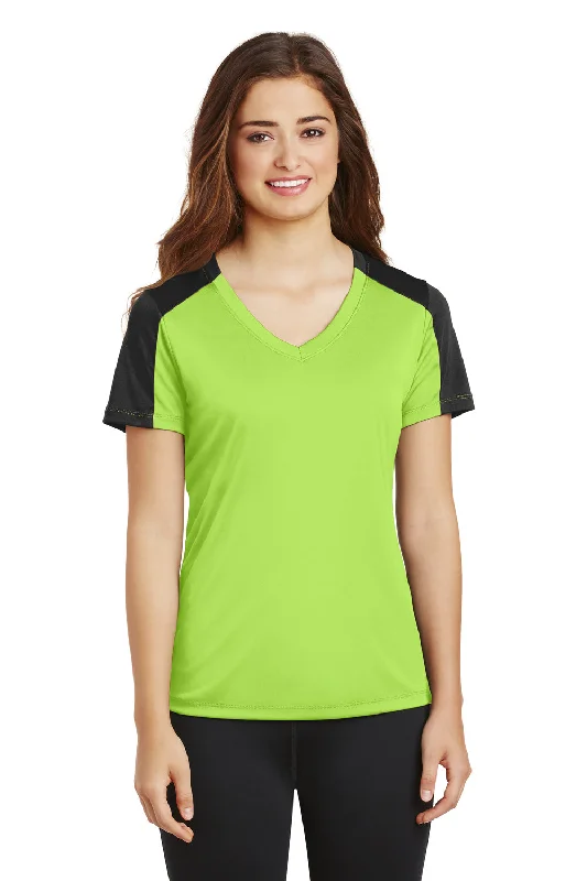 ruffle hem t-shirts -Sport-Tek Womens Competitor Moisture Wicking Short Sleeve V-Neck T-Shirt - Lime Shock Green/Black - Closeout