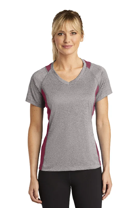 raglan sleeve t-shirts -Sport-Tek Womens Contender Heather Moisture Wicking Short Sleeve V-Neck T-Shirt - Heather Vintage Grey/Maroon