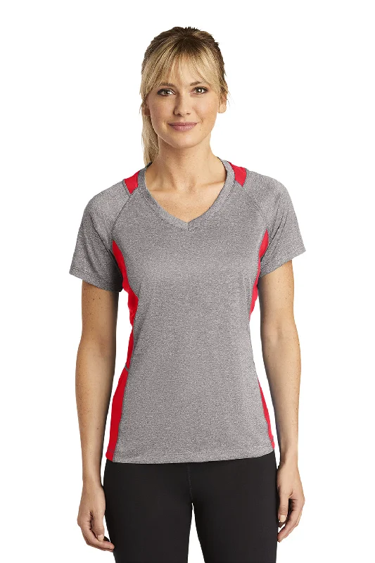 golf t-shirts preppy -Sport-Tek Womens Contender Heather Moisture Wicking Short Sleeve V-Neck T-Shirt - Heather Vintage Grey/True Red