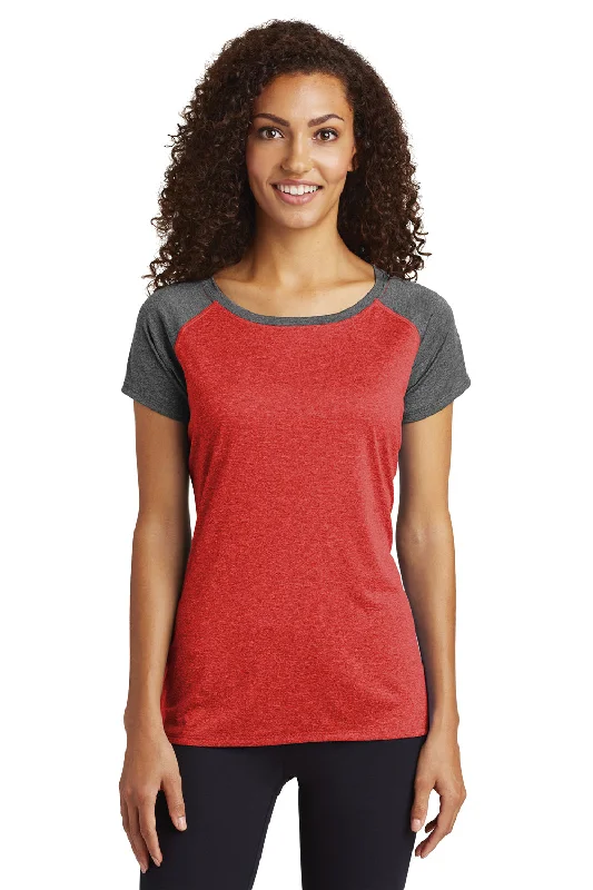 stonewashed t-shirts -Sport-Tek Womens Contender Heather Moisture Wicking Short Sleeve Wide Neck T-Shirt - Heather Scarlet Red/Heather Graphite Grey - Closeout