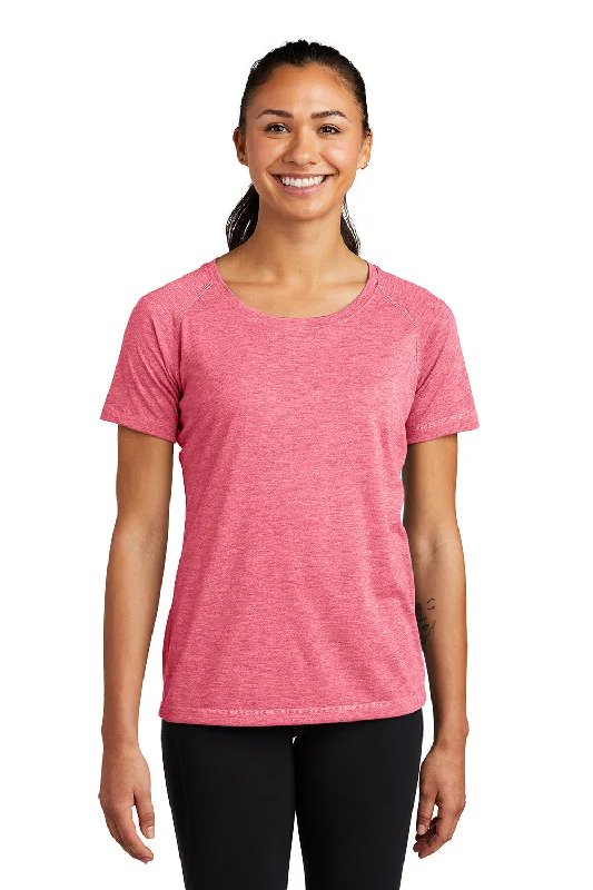 hunting t-shirts camo -Sport-Tek Womens Moisture Wicking Short Sleeve Scoop Neck T-Shirt - Heather Raspberry Pink