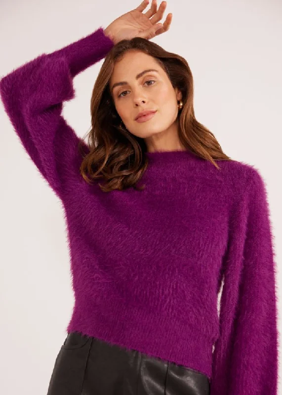 Soft wool pullover sweater navy -MINKPINK Millie Fluffy Knit Jumper- Plum