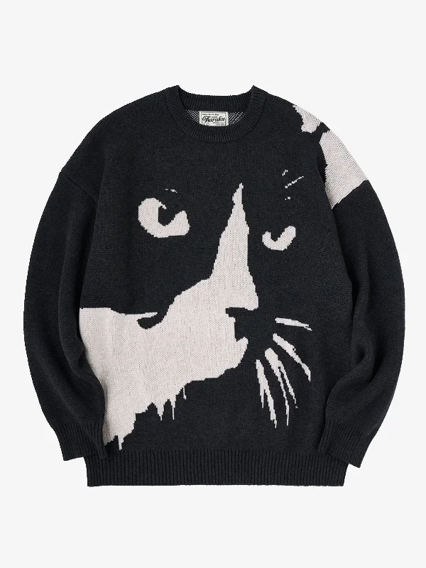 Cozy pullover sweater navy -Night Cats Jacquard Woven Wool Knitted Sweater