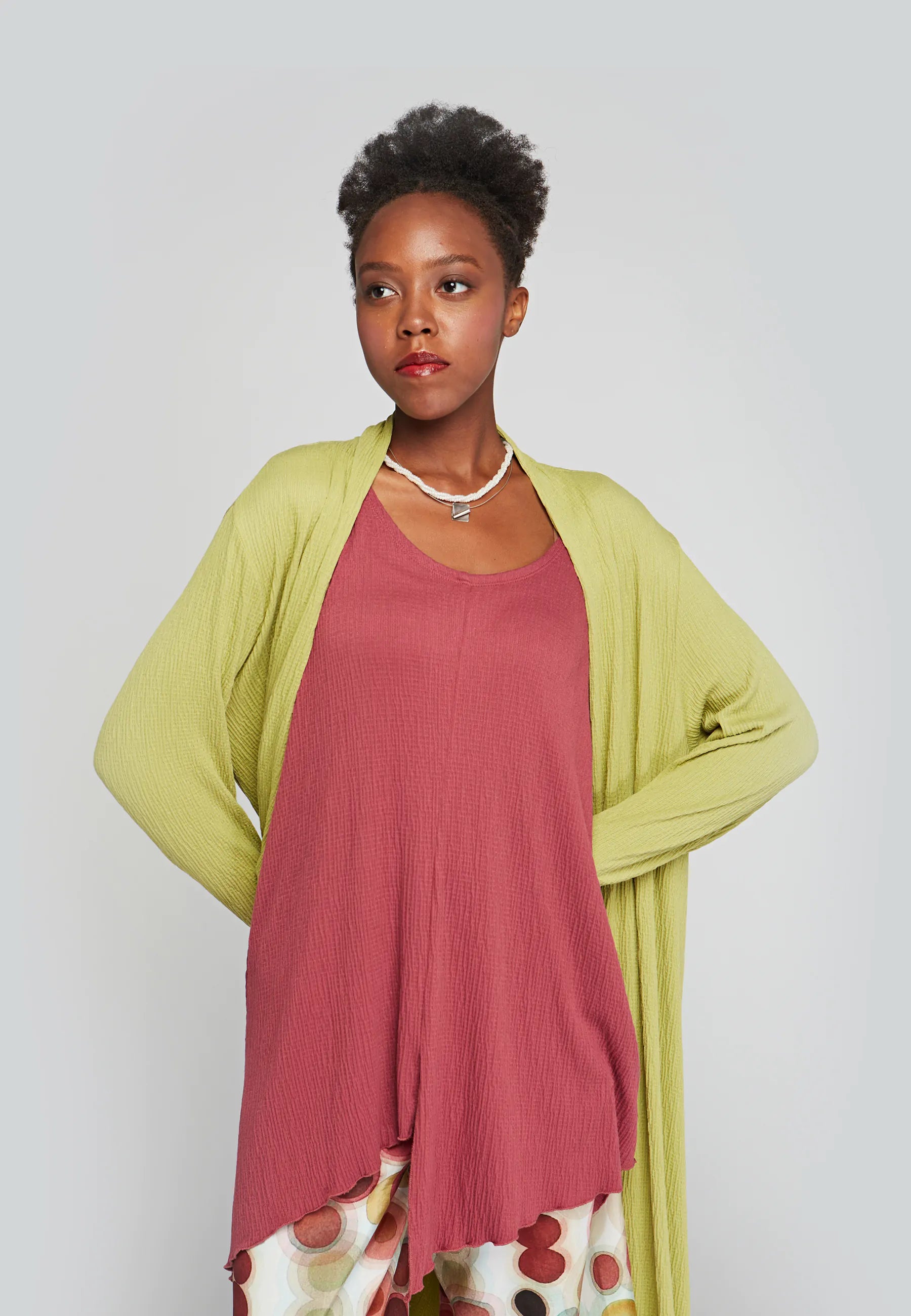 Cropped cotton cardigan green -CELESTE Wrinkled, long, viscose jersey duster