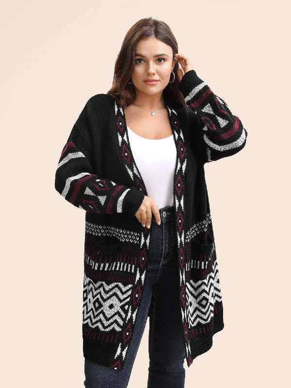 Oversized knit cardigan navy -Bandana Drop Shoulder Pocket Cardigan