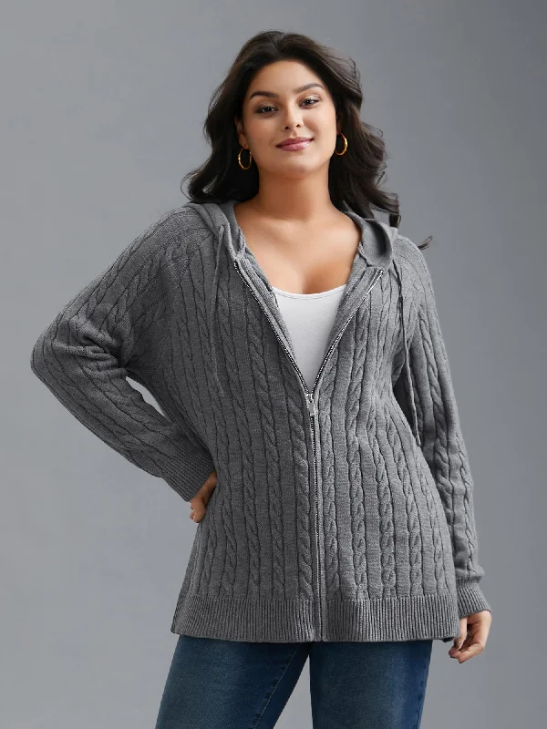 Hooded knit cardigan grey -Cable Knit Hooded Zipper Cardigan